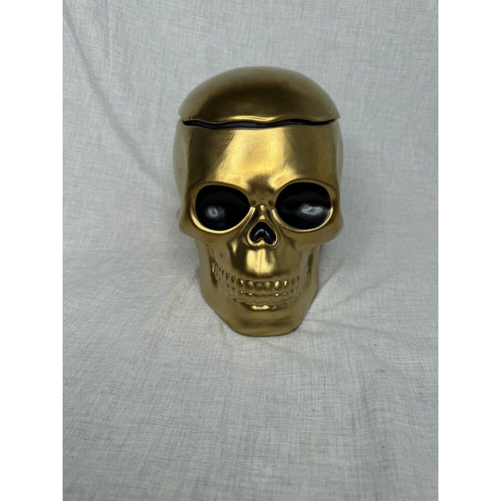 Gold Skull Halloween Cookie Jar World Market candy treat spooky skeleton see pic